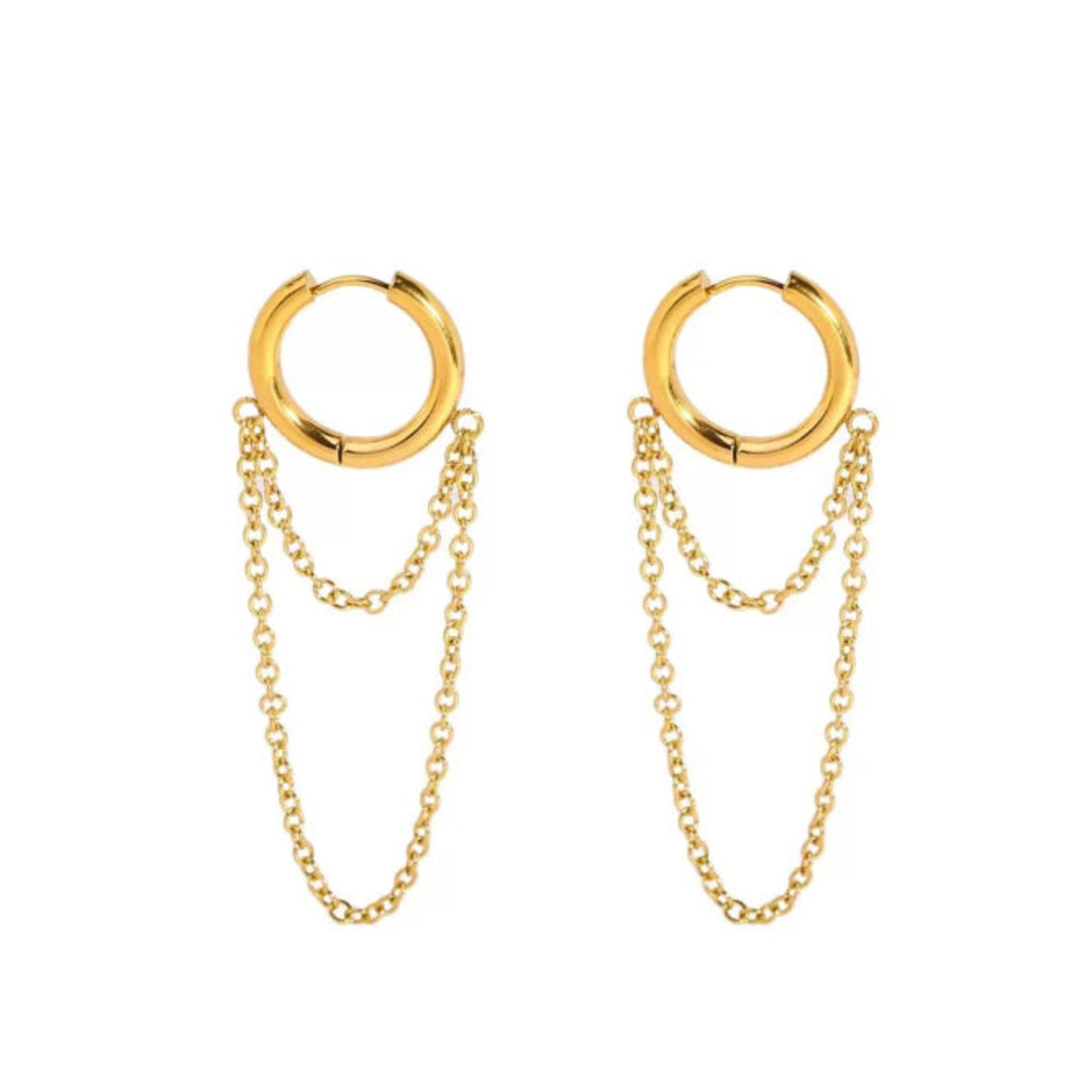 Gold hoop earrings with chain extensions on a white background