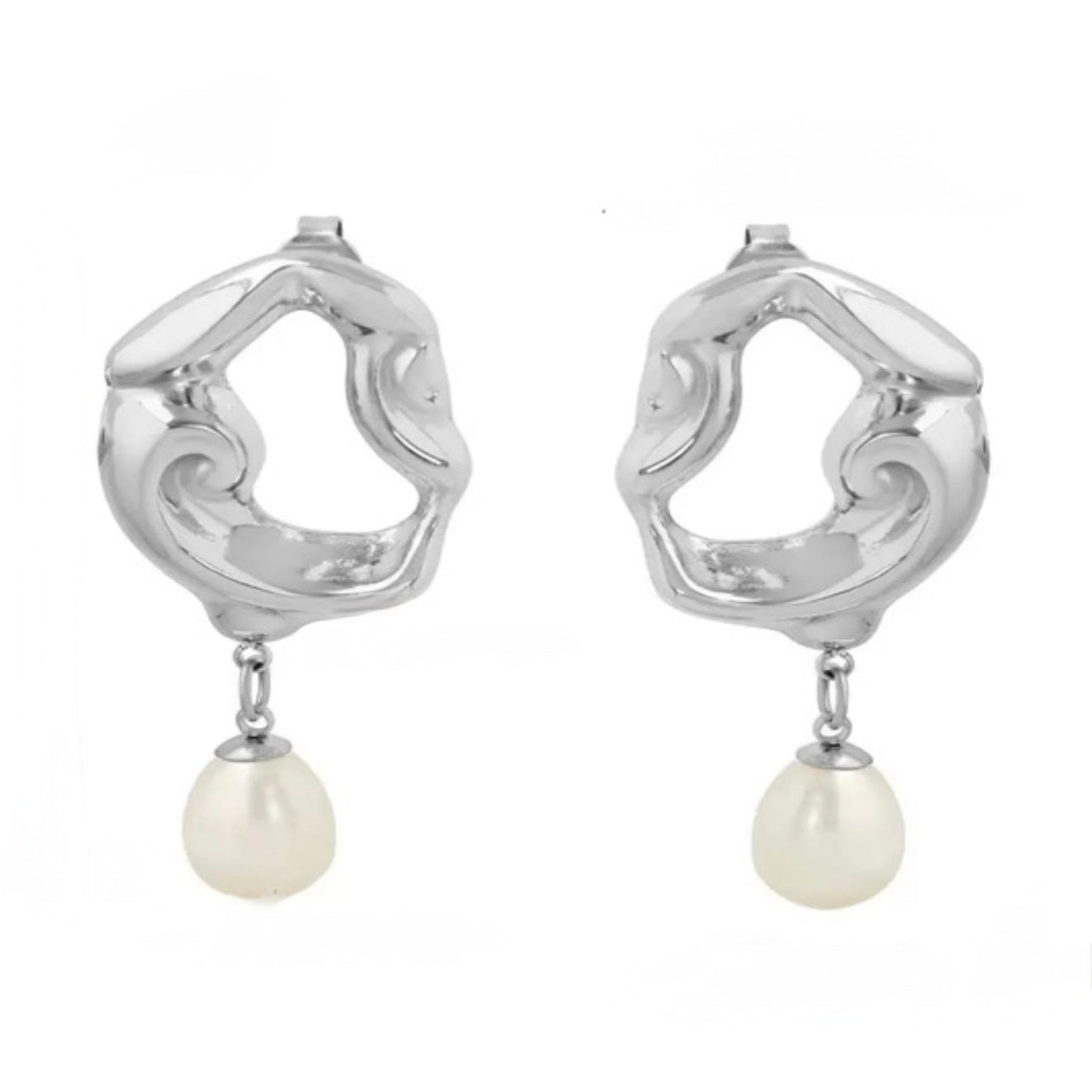 Silver earrings with geometric designs and pearl drops on a white background