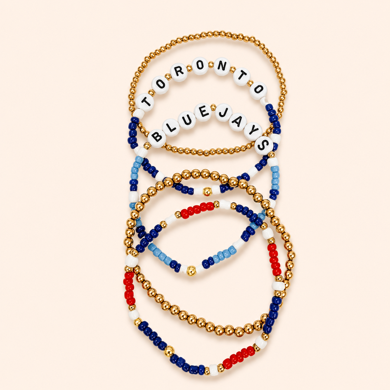 Toronto Blue Jays five-piece beaded bracelet set in red, blue, white and gold