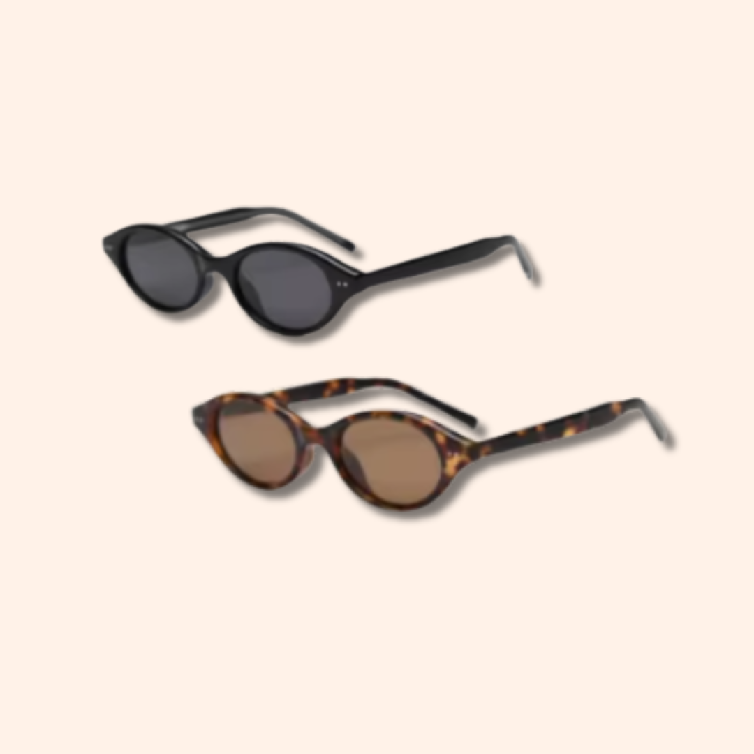 Two pairs of sunglasses with different frames and lens colors on a beige background