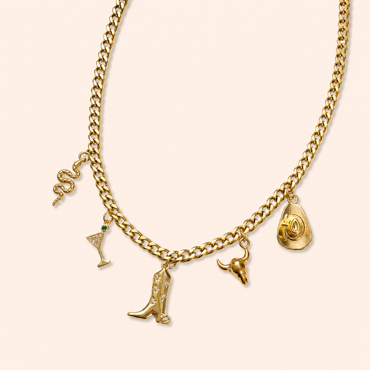 Midnight Rodeo gold Cuban chain necklace with five western charms