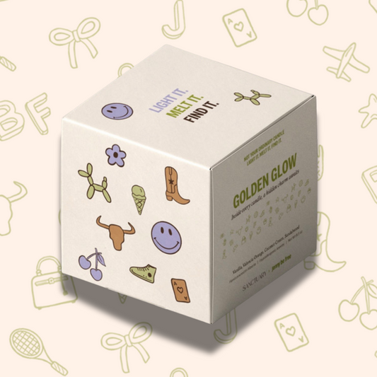 Box labeled 'Golden Glow' with decorative elements on a patterned background