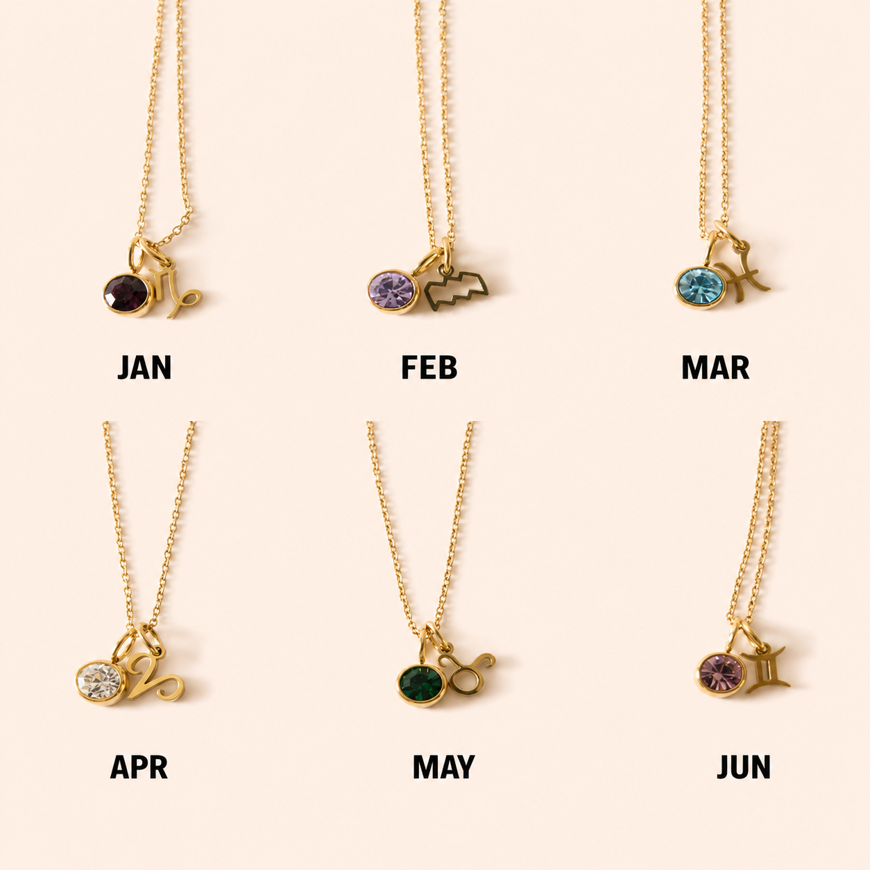 18K gold-plated zodiac necklace with sparkling birthstone accent