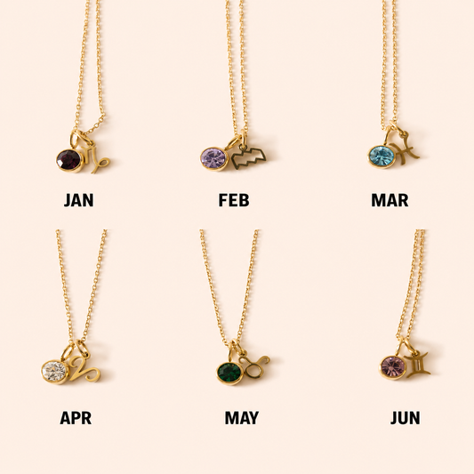 18K gold-plated zodiac necklace with sparkling birthstone accent
