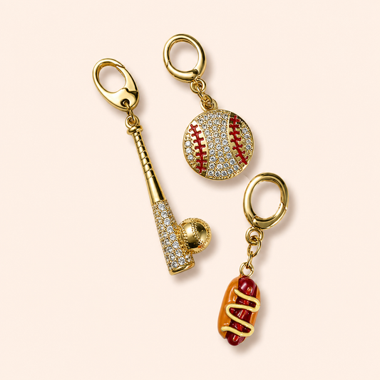 Take Me to the Ball Game baseball charms clipped onto sneaker laces