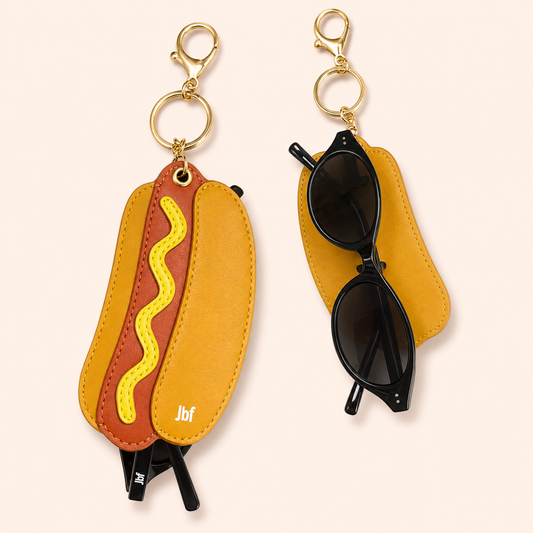 Glizzy hot dog bag charm with built-in sunglasses holder