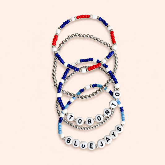 Toronto Blue Jays five-piece beaded bracelet set in red, blue, white and silver