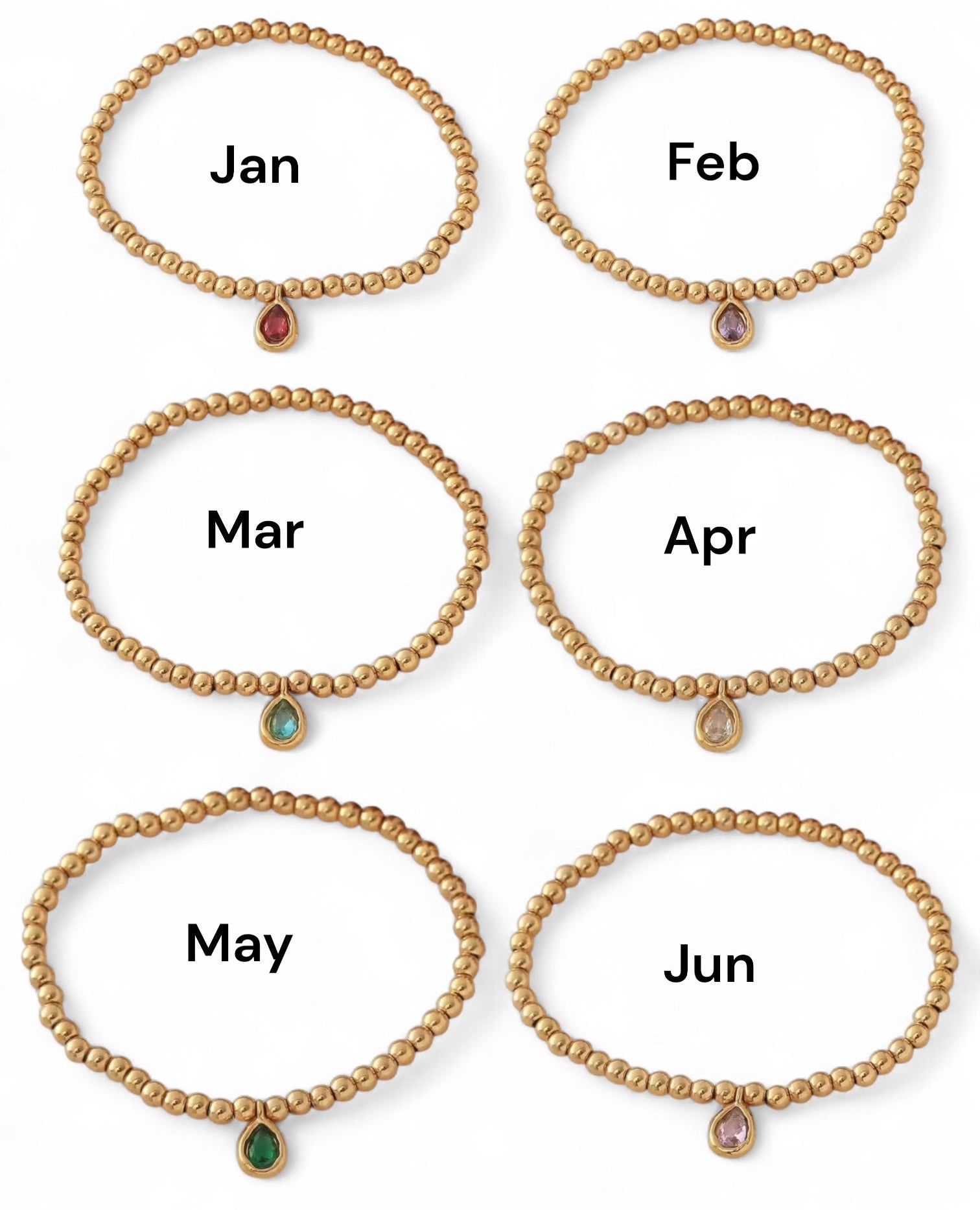 Set of six gold bracelets with gemstones labeled for each month.