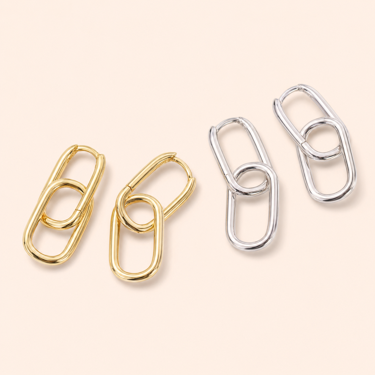 Gold-plated 925 sterling silver chain link hoop earrings with removable oval dangles.