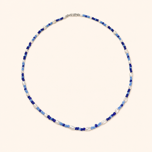 Blue Jays game day necklace with saltwater pearls and sporty beads