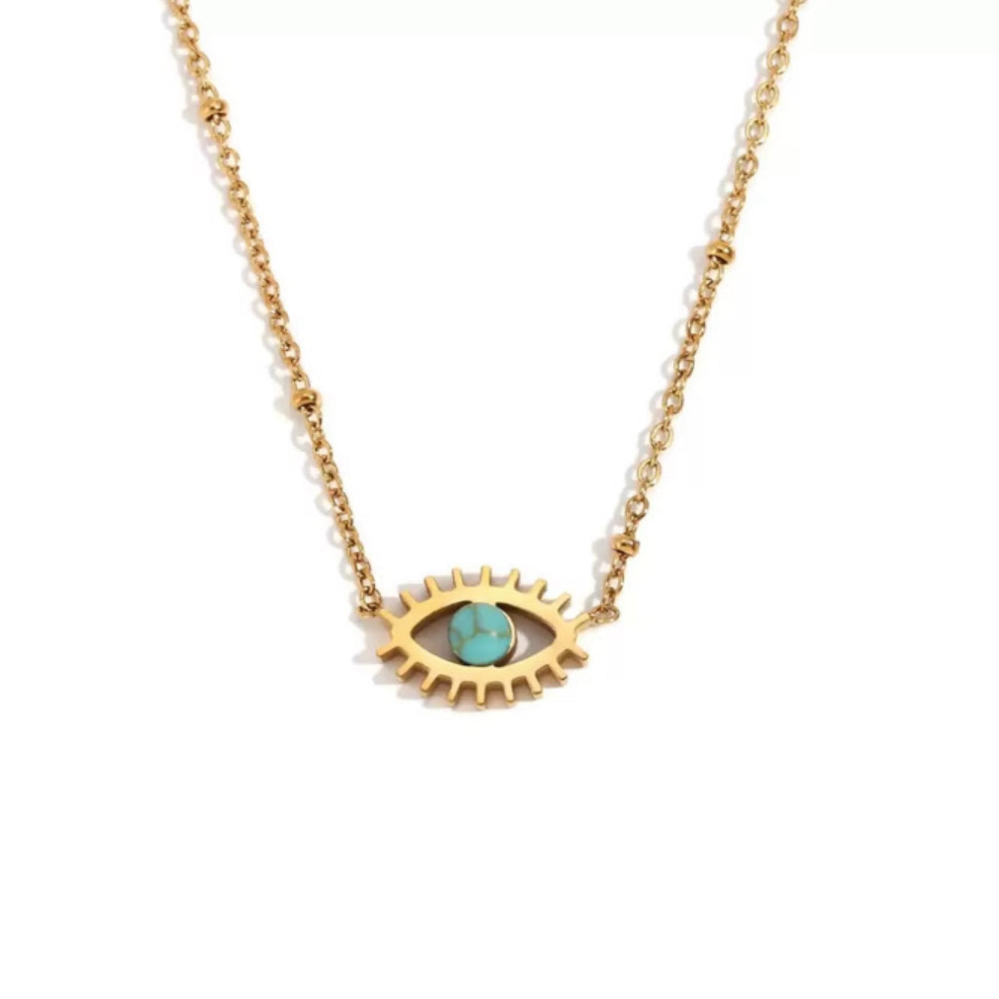 Gold necklace with a turquoise eye-shaped pendant on a white background