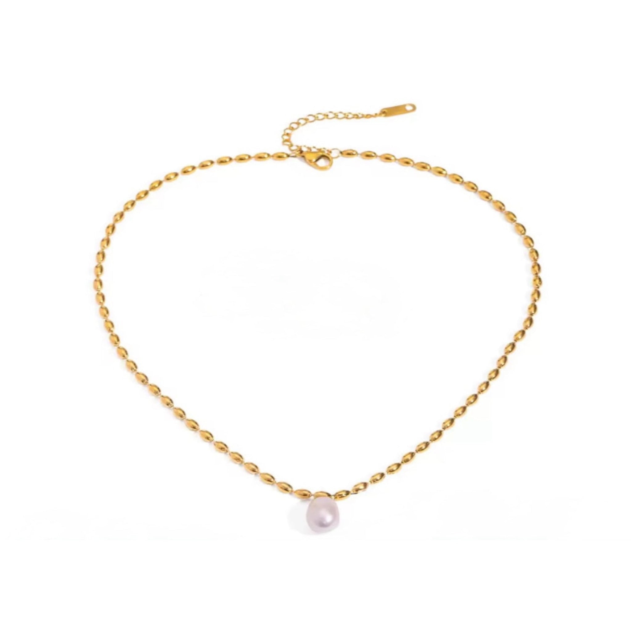 Gold necklace with a pink pearl pendant on a white background