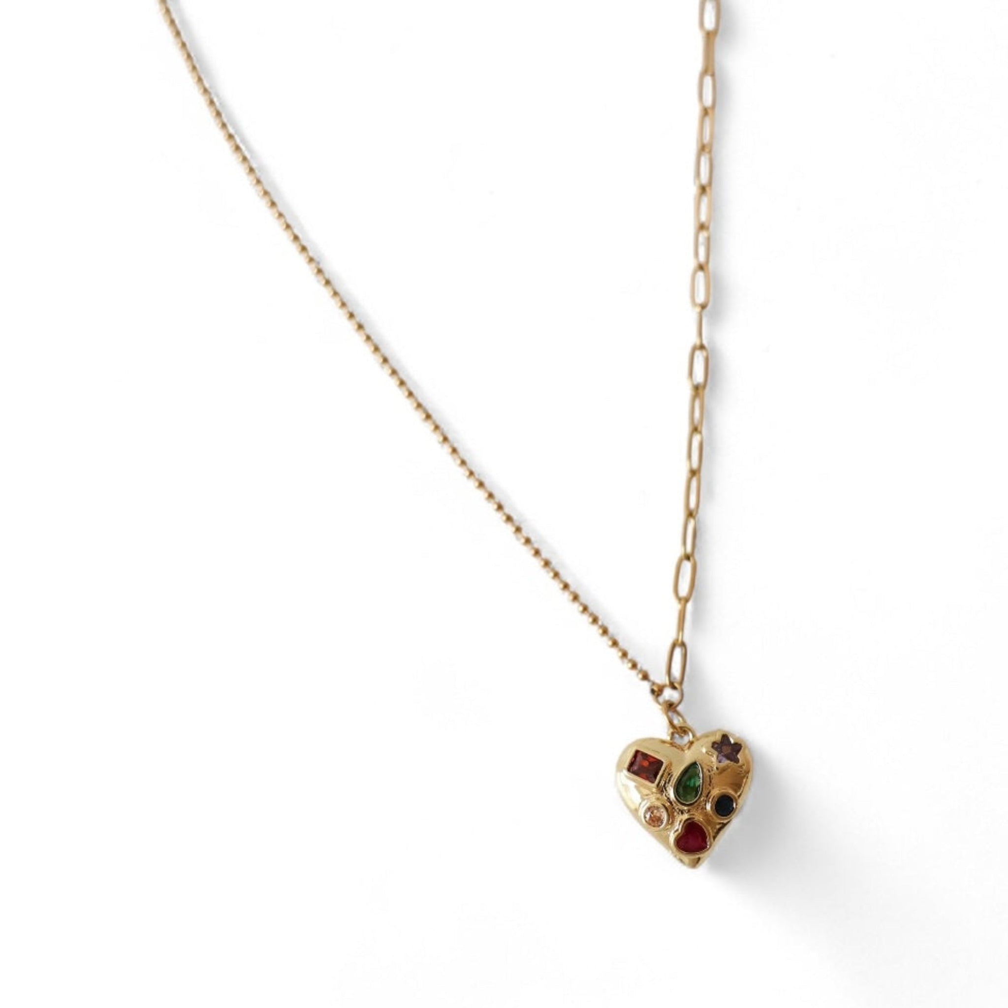 Heart-shaped pendant necklace with gemstones on a white background