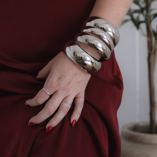 Person wearing multiple silver bangles on a red garment with a plant in the background