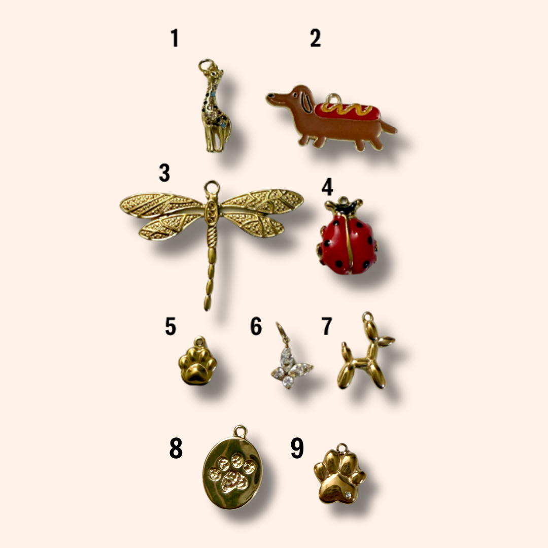 Collection of various small animal-themed pendants on a beige background