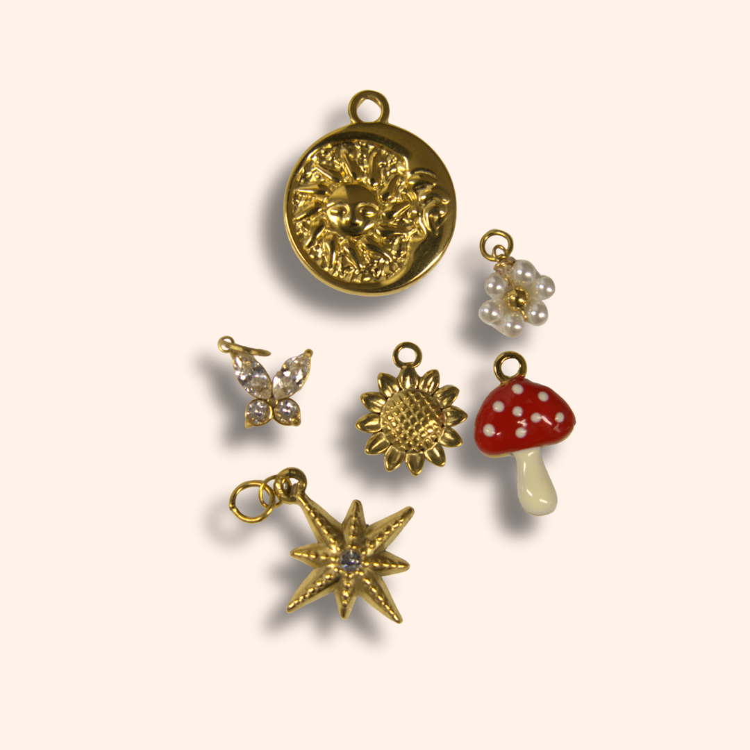 Collection of various charms including a gold compass, star, sunflower, and mushroom on a light background.