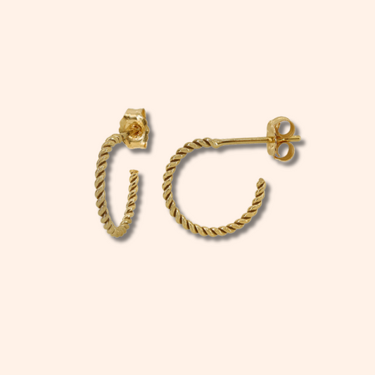 Gold hoop earrings on a beige background