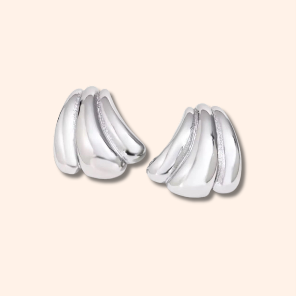 Pair of silver hoop earrings on a light beige background