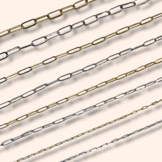 Three metal chains in gold, silver, and bronze on a light background
