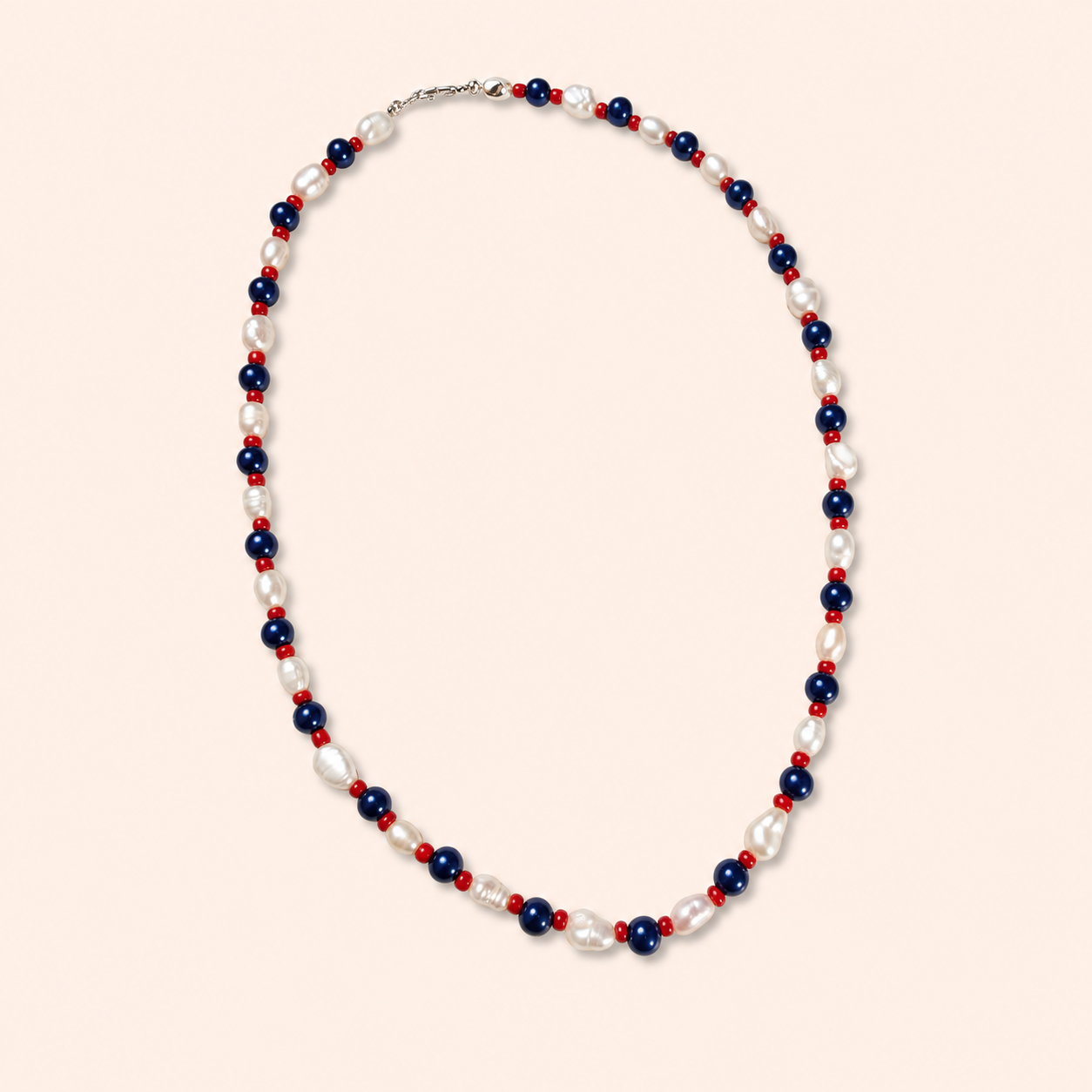 Blue Jays game day necklace made with saltwater pearls and sporty beads