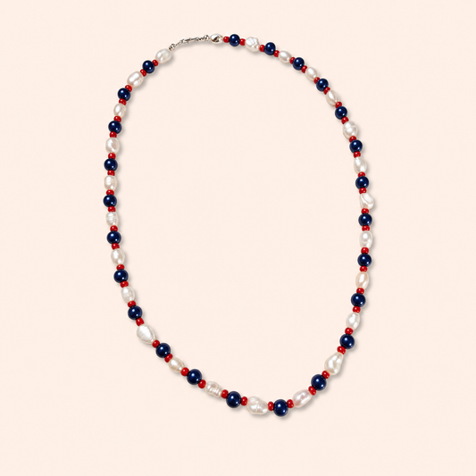 Blue Jays game day necklace made with saltwater pearls and sporty beads