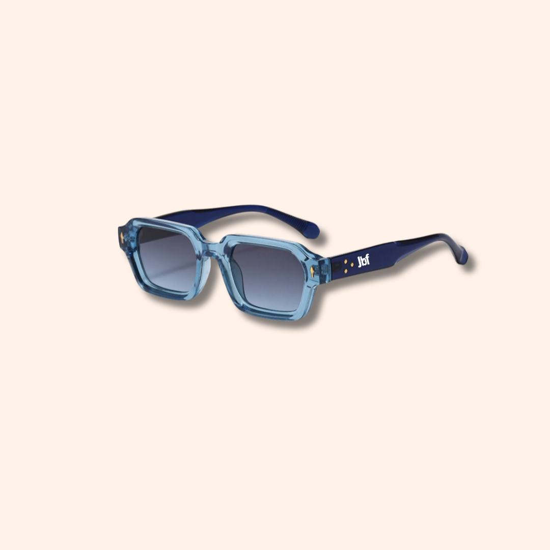 Blue sunglasses with a gradient lens on a white background