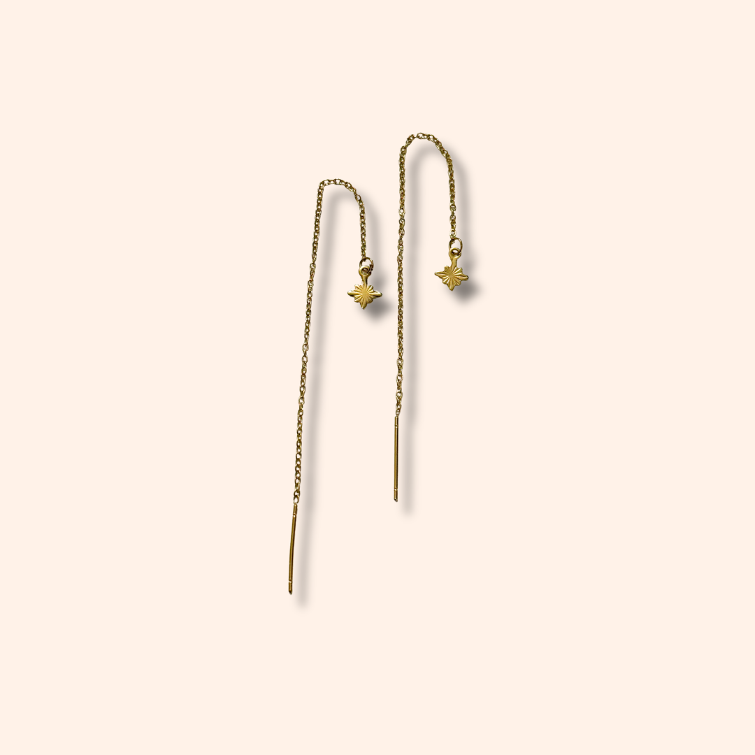 Pair of gold threader earrings on a beige background