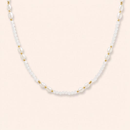 18K gold-plated bead necklace with organic-shaped pearl accents