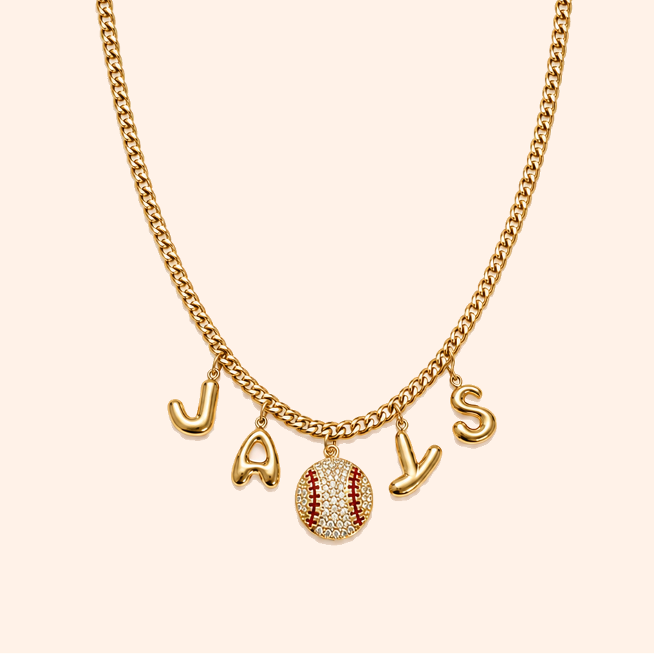 Gold JAYS bubble letter necklace with baseball charm and Cuban chain