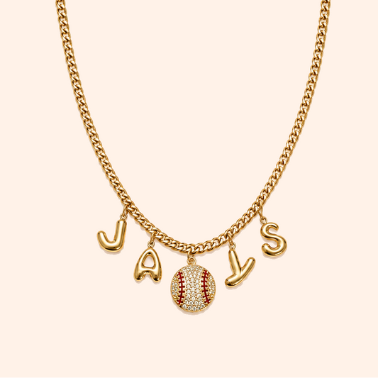 Gold JAYS bubble letter necklace with baseball charm and Cuban chain